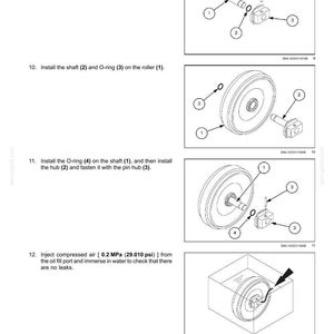 May include: Diagrams illustrating the assembly of track tension units, including shafts, O-rings, hubs, and rollers. The image shows step-by-step instructions with numbered components and labels for each part. The text includes instructions for air pressure testing.