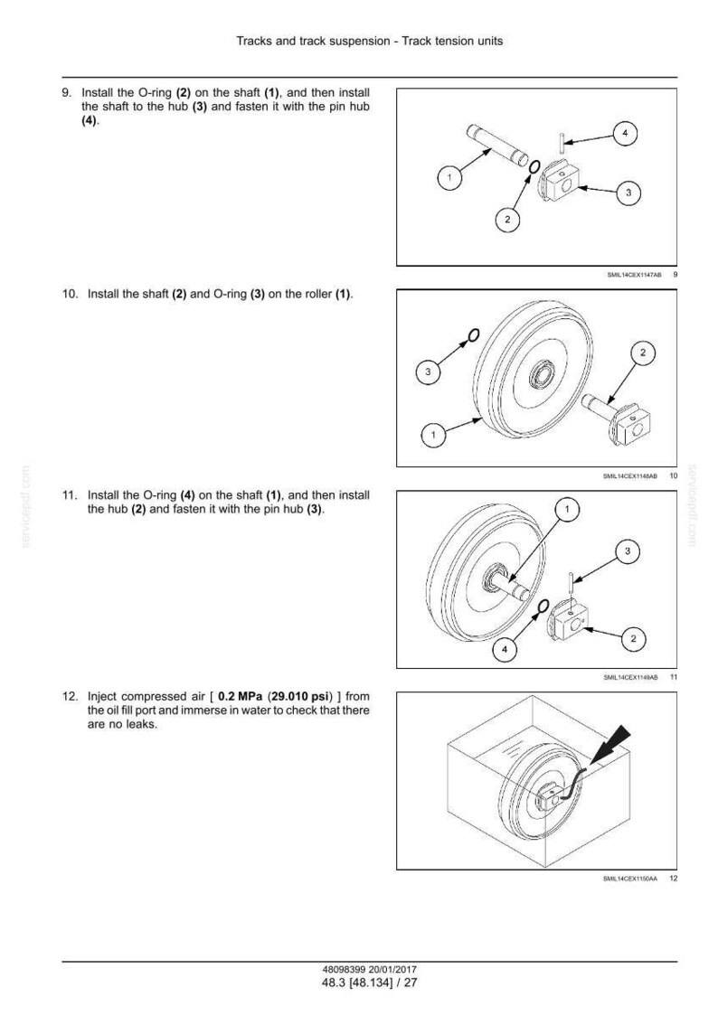 May include: Diagrams illustrating the assembly of track tension units, including shafts, O-rings, hubs, and rollers. The image shows step-by-step instructions with numbered components and labels for each part. The text includes instructions for air pressure testing.