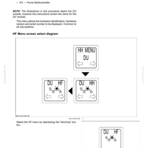 May include: Diagram of an electronic module's Auxiliary Control Unit (ACU) with the text "HF Menu screen select diagram." The diagram shows a series of boxes with arrows and the text "DU," "HH MENU," and "HF."