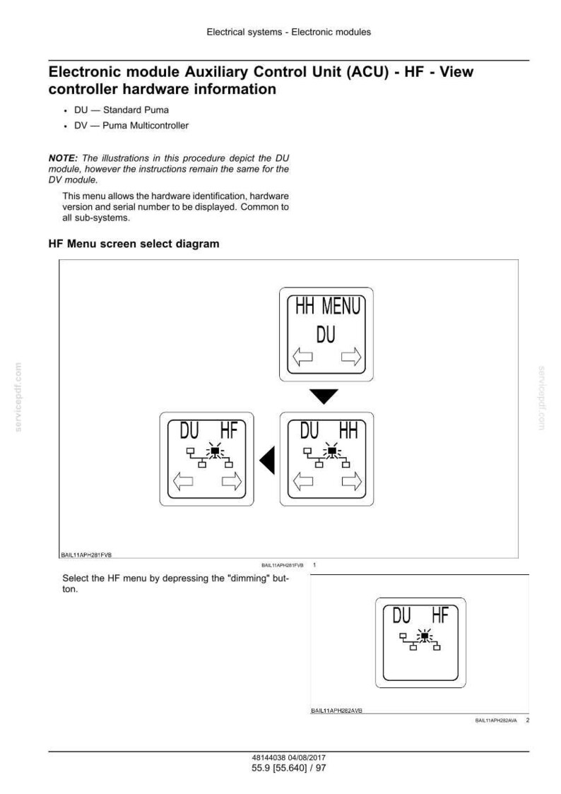 May include: Diagram of an electronic module's Auxiliary Control Unit (ACU) with the text "HF Menu screen select diagram." The diagram shows a series of boxes with arrows and the text "DU," "HH MENU," and "HF."