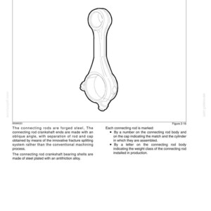 May include: A technical line drawing of a connecting rod from an engine repair manual. The document is titled ENGINE REPAIR MANUAL CHAPTER 2 - 667TA ENGINE OVERHAUL. The text describes the forged steel connecting rods and their markings.