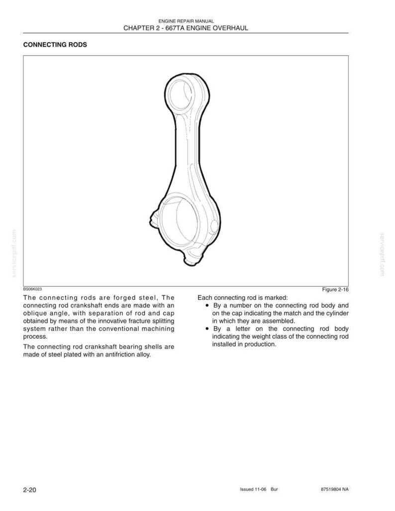 May include: A technical line drawing of a connecting rod from an engine repair manual. The document is titled ENGINE REPAIR MANUAL CHAPTER 2 - 667TA ENGINE OVERHAUL. The text describes the forged steel connecting rods and their markings.