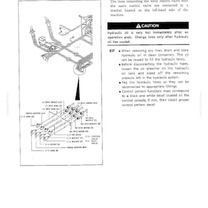 May include: A technical diagram titled CONNECTING THE REMOTE CONTROL LINES showing hydraulic hose routing for a machine. It includes a CAUTION section regarding hot hydraulic oil and instructions for disconnecting lines, plus a detailed schematic.