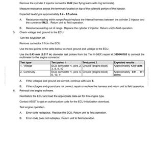 Pu&ograve; includere: Documento tecnico che illustra i codici di errore del sistema elettrico, inclusi controlli di resistenza e tensione. Istruzioni per i test di resistenza degli iniettori, i controlli dei connettori ECU e la reinstallazione del software.