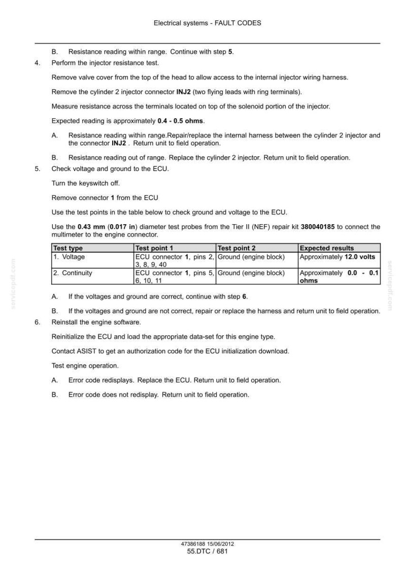 Pu&ograve; includere: Documento tecnico che illustra i codici di errore del sistema elettrico, inclusi controlli di resistenza e tensione. Istruzioni per i test di resistenza degli iniettori, i controlli dei connettori ECU e la reinstallazione del software.