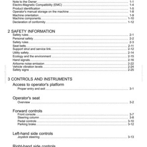 May include: A white document titled "Contents" with a detailed table of contents for a machine's manual. Sections include general information, safety information, and controls and instruments.