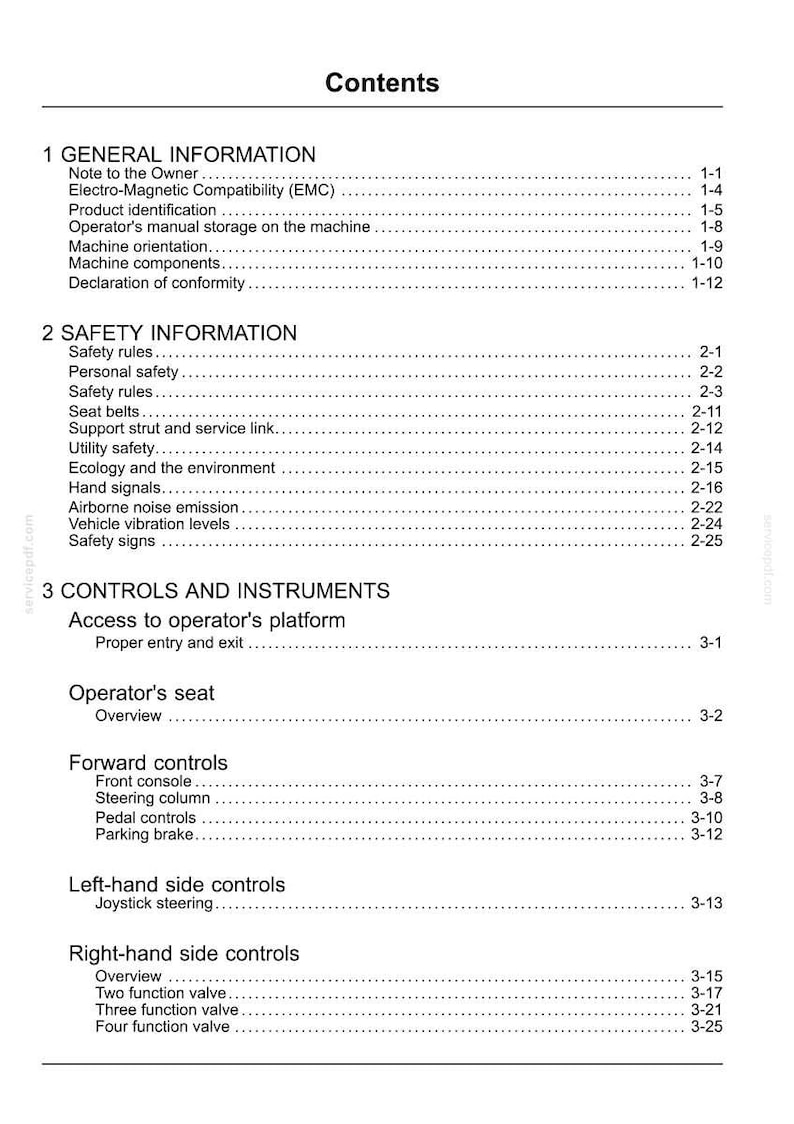 May include: A white document titled "Contents" with a detailed table of contents for a machine's manual. Sections include general information, safety information, and controls and instruments.