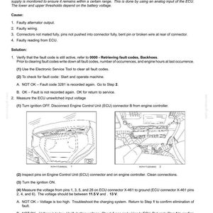 May include: A technical document titled "Electrical systems - FAULT CODES" with troubleshooting steps for sensor supply voltage issues. Includes diagrams and instructions for checking voltage and inspecting connectors. The voltage should be between 11.5 V and 13 V.