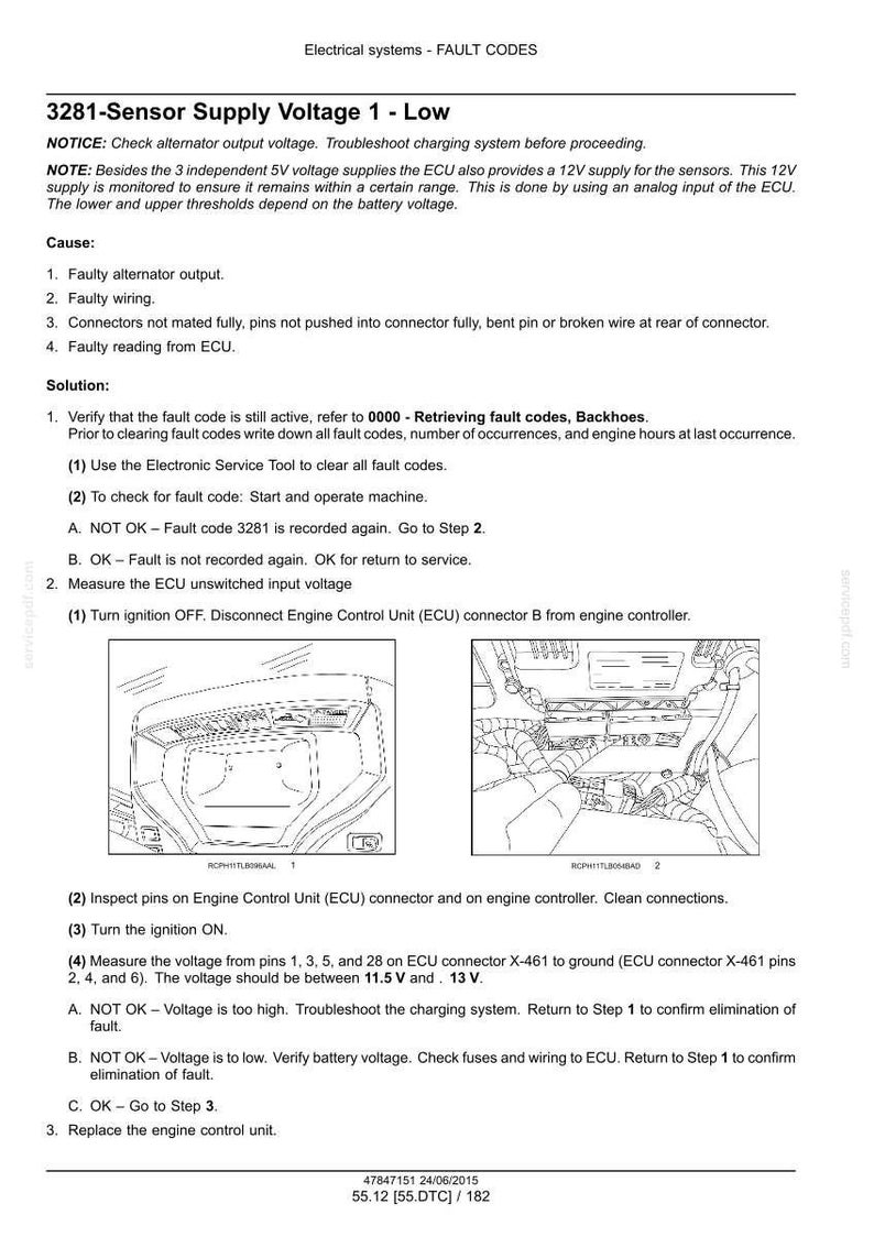 May include: A technical document titled "Electrical systems - FAULT CODES" with troubleshooting steps for sensor supply voltage issues. Includes diagrams and instructions for checking voltage and inspecting connectors. The voltage should be between 11.5 V and 13 V.