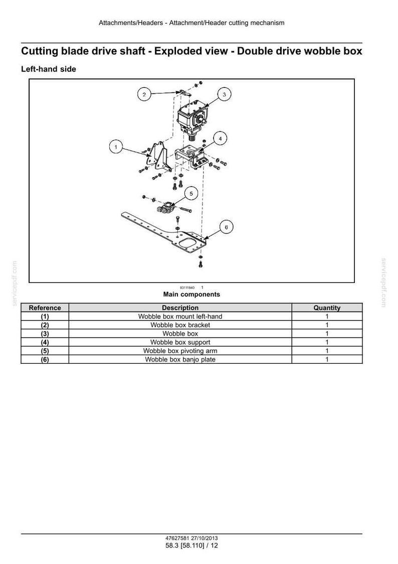 May include: An exploded view diagram of a cutting blade drive shaft, labeled "Double drive wobble box." The diagram shows various mechanical components, including a wobble box, bracket, and support, with a parts list below. The image is in black and white.