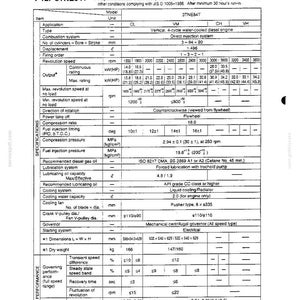 May include: A technical specification table for the 3TNE84T engine model, detailing performance metrics including combustion system, displacement, revolution speed, compression ratio, and dimensions in millimeters and kilograms.