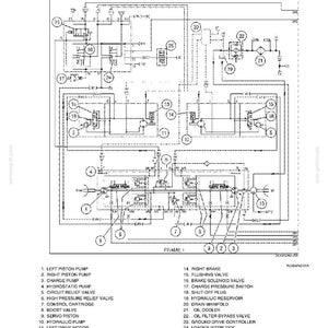 May include: A detailed black and white schematic diagram of a hydraulic system, labeled with various components such as pumps, valves, and motors. The diagram includes text identifying each part, with the title "HYDRAULIC SCHEMATIC FRAME 1".