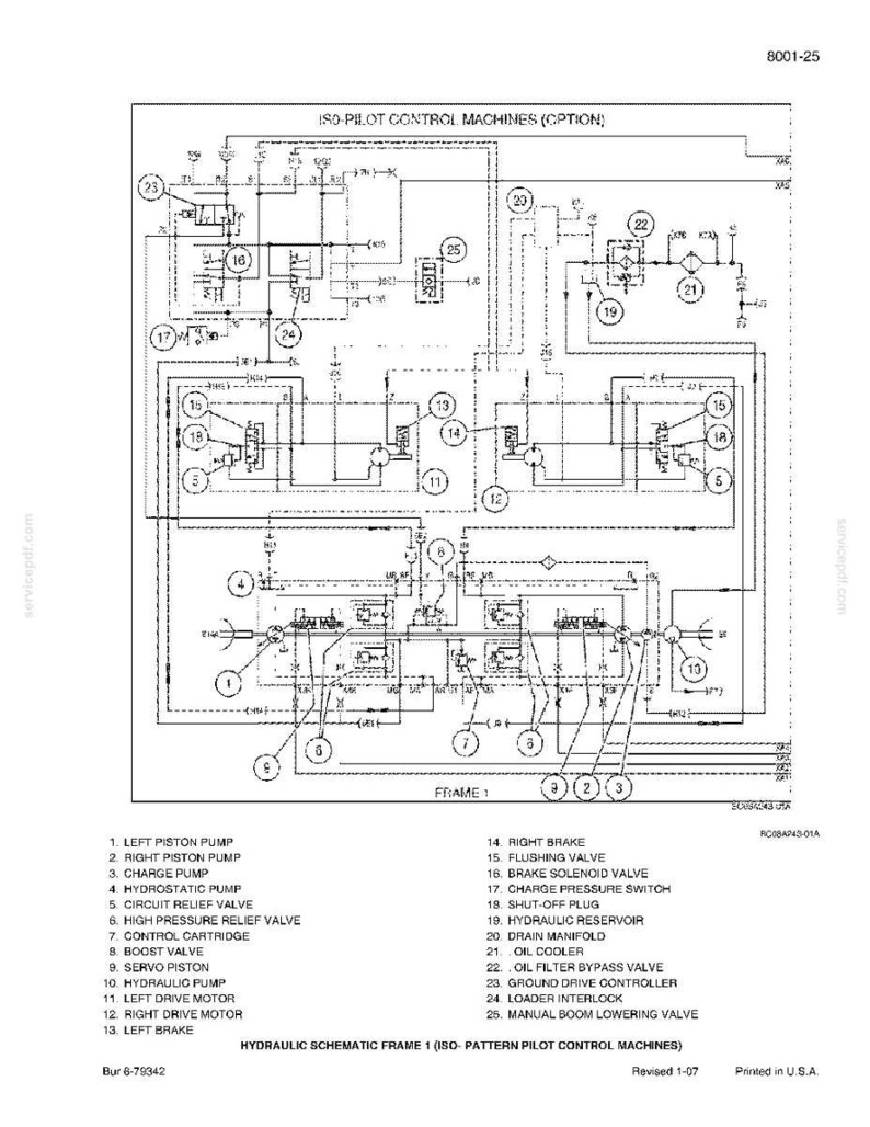 May include: A detailed black and white schematic diagram of a hydraulic system, labeled with various components such as pumps, valves, and motors. The diagram includes text identifying each part, with the title "HYDRAULIC SCHEMATIC FRAME 1".