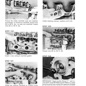 May include: Black and white technical manual page with engine assembly steps. Instructions include torquing nuts and washers, installing clamps, and applying Loctite. Measurements are in foot-pounds.