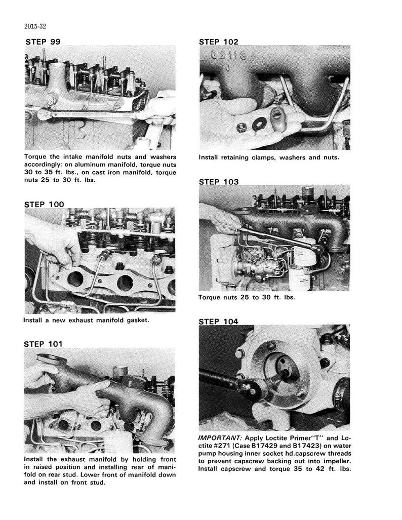 May include: Black and white technical manual page with engine assembly steps. Instructions include torquing nuts and washers, installing clamps, and applying Loctite. Measurements are in foot-pounds.