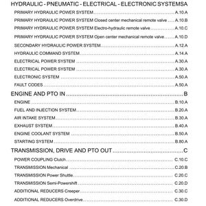 May include: A detailed table of contents from a manual, listing various systems and components. The document includes sections on hydraulic, electrical, and electronic systems, as well as engine, transmission, and axle components.