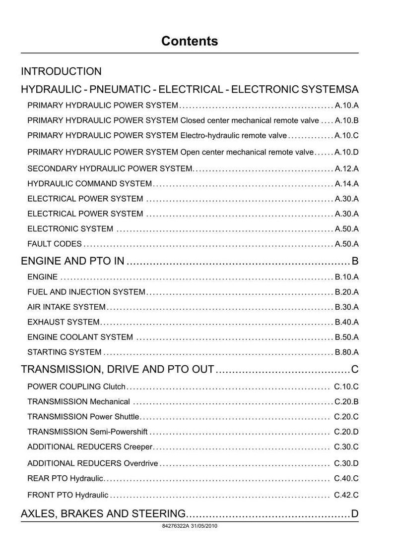 May include: A detailed table of contents from a manual, listing various systems and components. The document includes sections on hydraulic, electrical, and electronic systems, as well as engine, transmission, and axle components.