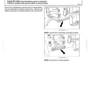 May include: A technical manual page titled 7-MAINTENANCE Transport service link. It includes a warning about a crushing hazard and two black and white line drawings showing a service link in operating and locked positions with arrows pointing to it.