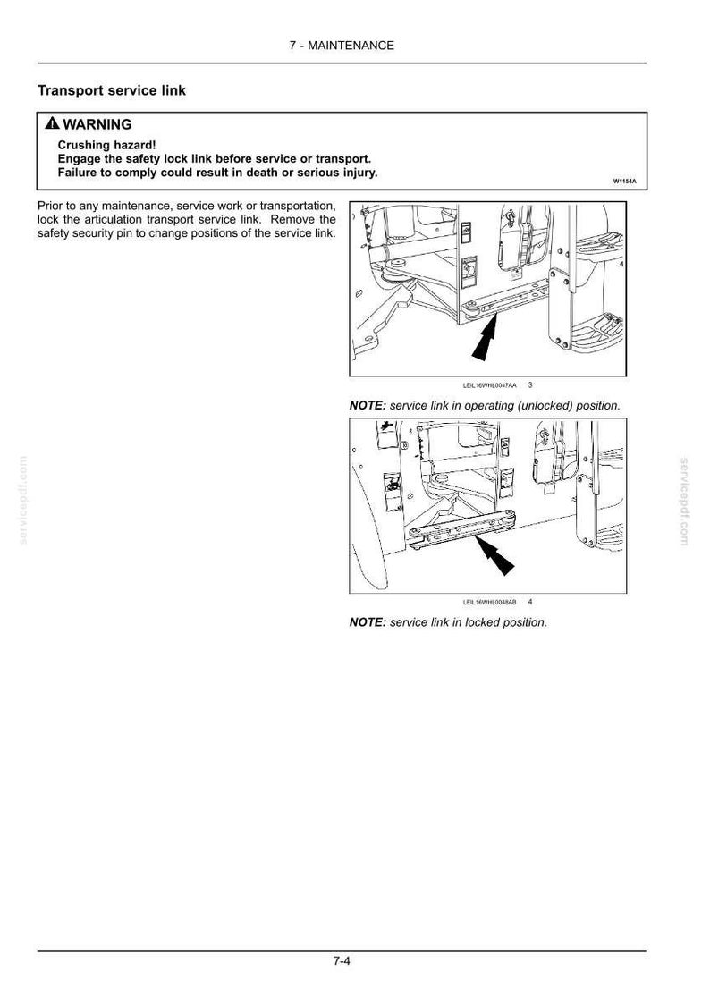 May include: A technical manual page titled 7-MAINTENANCE Transport service link. It includes a warning about a crushing hazard and two black and white line drawings showing a service link in operating and locked positions with arrows pointing to it.