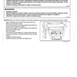 May include: A technical diagram titled "Battery - Connect the booster battery" with safety warnings about explosion hazards. Instructions detail connecting jumper cables to a machine's battery. A diagram shows the battery compartment.