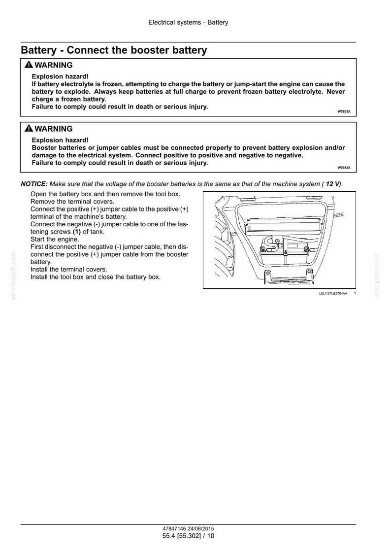 May include: A technical diagram titled "Battery - Connect the booster battery" with safety warnings about explosion hazards. Instructions detail connecting jumper cables to a machine's battery. A diagram shows the battery compartment.