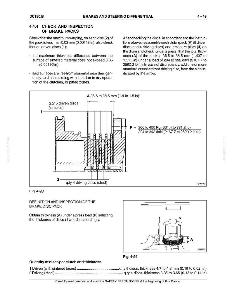K&ouml;nnte beinhalten: Technische Zeichnung aus einem Handbuch zur Inspektion von Bremspaketen. Enth&auml;lt Diagramme der Scheibenanordnungen, Messungen in mm und Text zur Beschreibung der &Uuml;berpr&uuml;fung auf Verzug und Dicke. Mit Abbildungen und Text zur Wartung der Bremse.