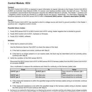May include: A diagnostic document detailing fault codes for an electrical system. The text describes DTC 18DE, a fault related to an NH3 sensor short in the heater circuit, including possible causes, solutions, and measurement values.