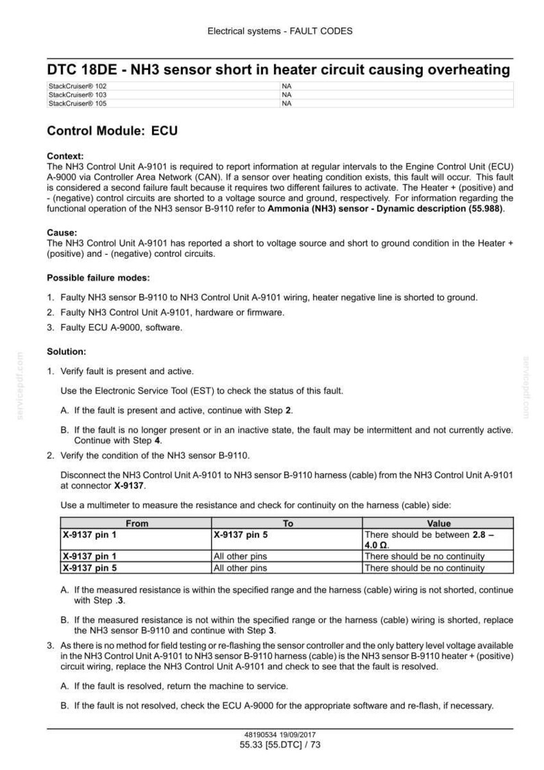 May include: A diagnostic document detailing fault codes for an electrical system. The text describes DTC 18DE, a fault related to an NH3 sensor short in the heater circuit, including possible causes, solutions, and measurement values.