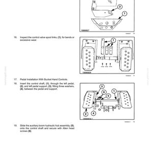 Puede incluir: Una p&aacute;gina de manual t&eacute;cnico titulada WORKING ARM - SINGLE ARM Lift, que presenta tres diagramas de l&iacute;neas en blanco y negro etiquetados 19996827, 19996829 y 19996824-1. Los diagramas ilustran componentes mec&aacute;nicos de pedales, enlaces de v&aacute;lvulas de control e instrucciones de montaje con piezas numeradas y flechas para gu&iacute;a de mantenimiento.