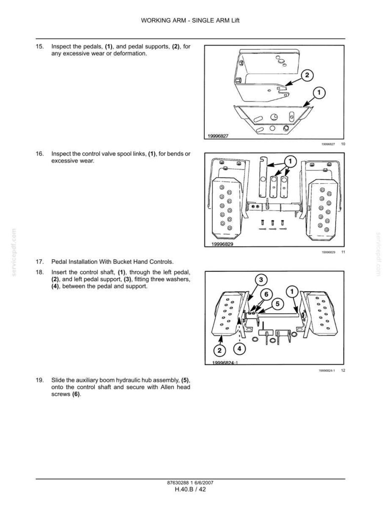 Puede incluir: Una p&aacute;gina de manual t&eacute;cnico titulada WORKING ARM - SINGLE ARM Lift, que presenta tres diagramas de l&iacute;neas en blanco y negro etiquetados 19996827, 19996829 y 19996824-1. Los diagramas ilustran componentes mec&aacute;nicos de pedales, enlaces de v&aacute;lvulas de control e instrucciones de montaje con piezas numeradas y flechas para gu&iacute;a de mantenimiento.
