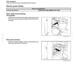 Puede incluir: Una p&aacute;gina de mantenimiento t&eacute;cnico titulada Machine fittings - Grease, que detalla las especificaciones de servicio para la grasa New Holland Ambra GR 75 MD. Incluye instrucciones para rodamientos, cilindros y ejes traseros.