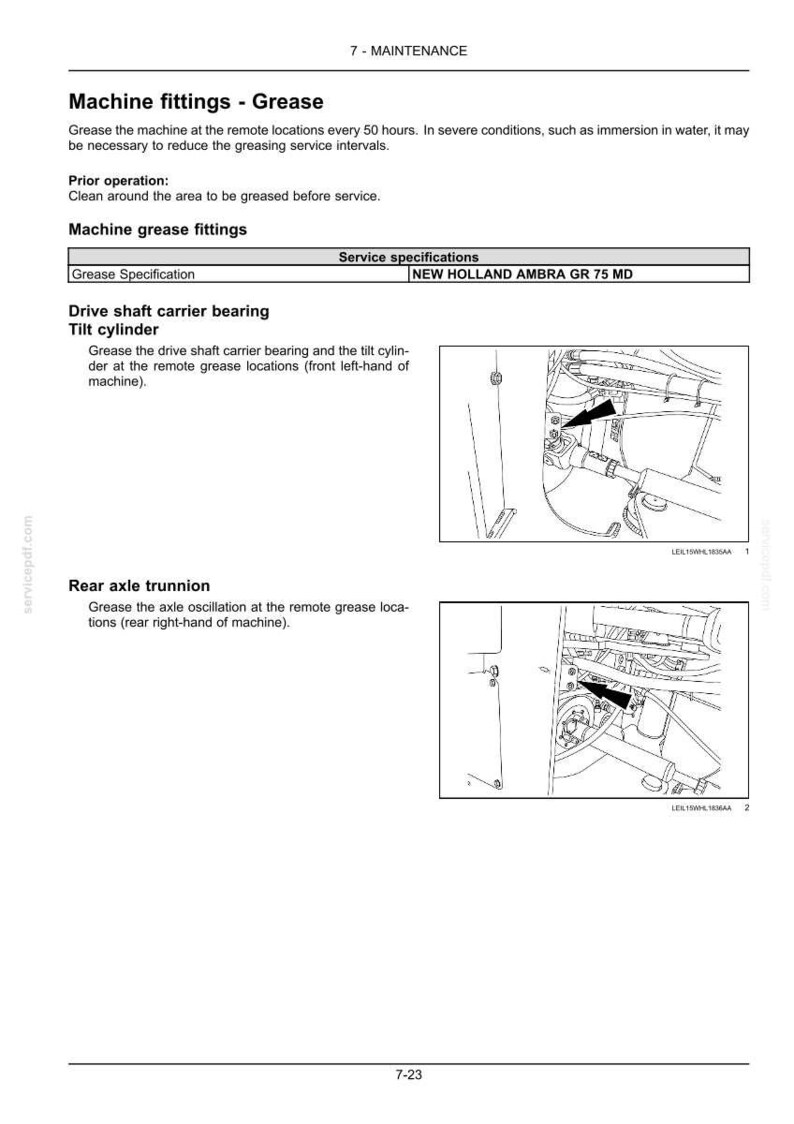 Puede incluir: Una p&aacute;gina de mantenimiento t&eacute;cnico titulada Machine fittings - Grease, que detalla las especificaciones de servicio para la grasa New Holland Ambra GR 75 MD. Incluye instrucciones para rodamientos, cilindros y ejes traseros.