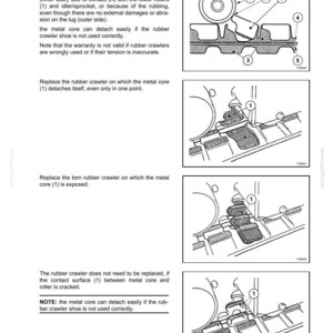 May include: Diagrams illustrating the detachment and replacement of a rubber crawler's metal core. The image includes detailed views of the crawler's components, labeled with numbers and letters for maintenance instructions.