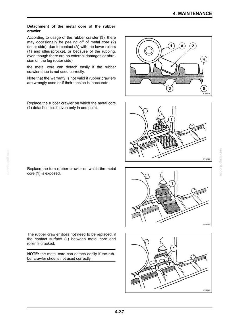 May include: Diagrams illustrating the detachment and replacement of a rubber crawler's metal core. The image includes detailed views of the crawler's components, labeled with numbers and letters for maintenance instructions.