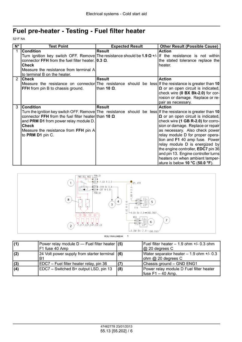 May include: Diagram of a fuel pre-heater testing procedure for a fuel filter heater. Includes a table with conditions, test points, expected results, and actions. Also shows a wiring diagram with numbered components and text labels.