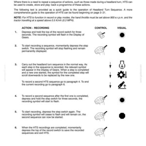 May include: A technical document page titled SECTION 3 - FIELD OPERATIONS, detailing the Headland Turn Sequence (HTS) for tractor operation. It includes numbered instructions, control switch icons, and visual status symbols for recording sequences.