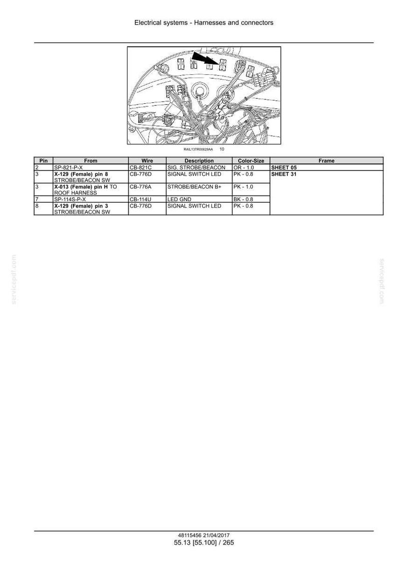 May include: Diagram of electrical systems, harnesses, and connectors. Includes a detailed schematic with wires, pins, and descriptions. Text includes "Electrical systems - Harnesses and connectors" and other technical details.