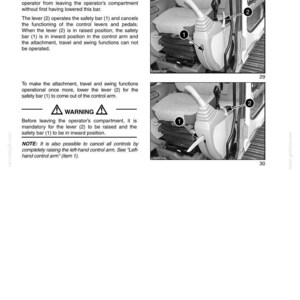 May include: Diagram of a control panel with a safety bar and lever. The text reads "FUNCTION CANCELLATION LEVER AND SAFETY BAR." The image shows the lever (2) and safety bar (1) in different positions. The text also includes a warning.