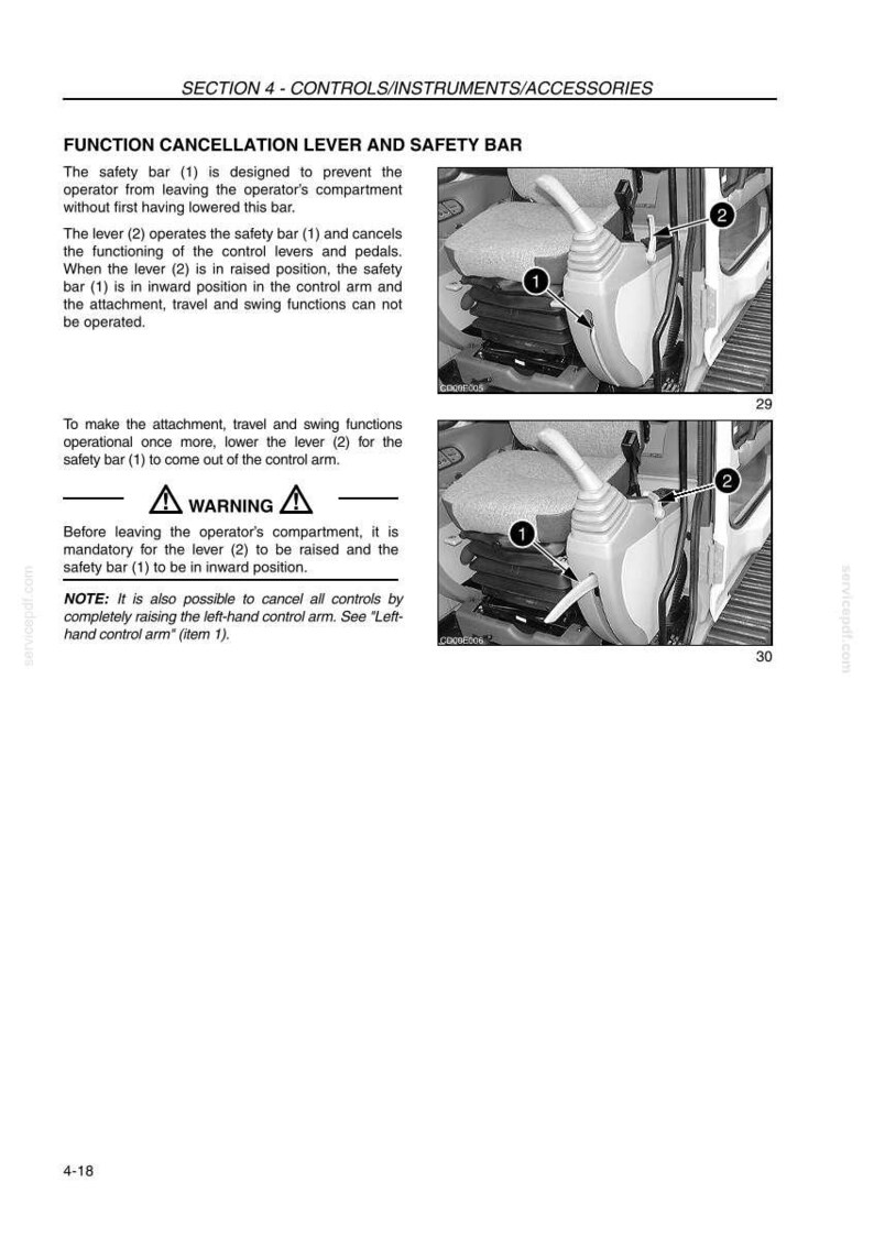 May include: Diagram of a control panel with a safety bar and lever. The text reads "FUNCTION CANCELLATION LEVER AND SAFETY BAR." The image shows the lever (2) and safety bar (1) in different positions. The text also includes a warning.