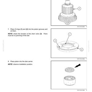 May include: Diagram of Powershift transmission internal components. Includes an idler gear, retaining ring, O-rings, piston, and disk carrier. The image also includes instructions for assembly and notes on installation.
