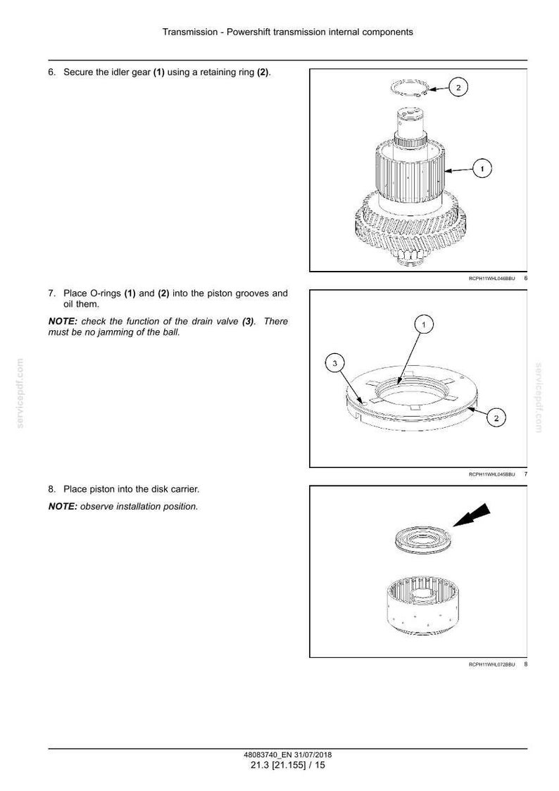 May include: Diagram of Powershift transmission internal components. Includes an idler gear, retaining ring, O-rings, piston, and disk carrier. The image also includes instructions for assembly and notes on installation.