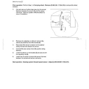以下が含まれることがあります： Sensing system Ground speed sensor - Replace (A.50.A.95.80 - F.10.A.30) と題された技術マニュアルのページ。センサー1、結束バンド2、調整ナット3を示す白黒の線画が含まれています。