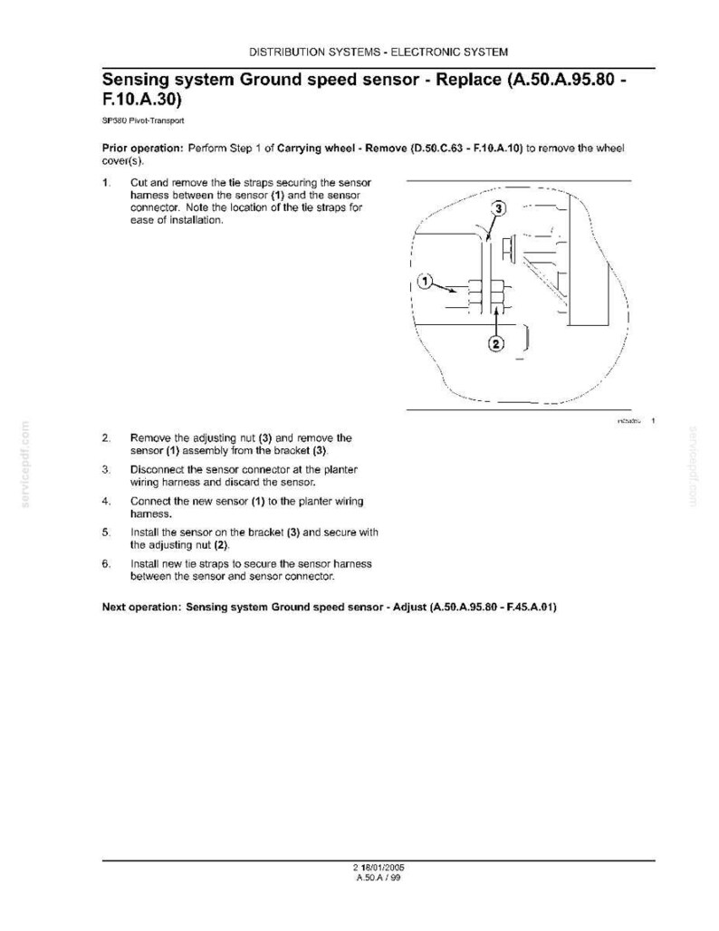 以下が含まれることがあります： Sensing system Ground speed sensor - Replace (A.50.A.95.80 - F.10.A.30) と題された技術マニュアルのページ。センサー1、結束バンド2、調整ナット3を示す白黒の線画が含まれています。