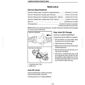 May include: A page from a service manual detailing rear axle specifications and oil change procedures. Includes diagrams of axle components, oil capacity in U.S. gallons, and instructions for maintenance.
