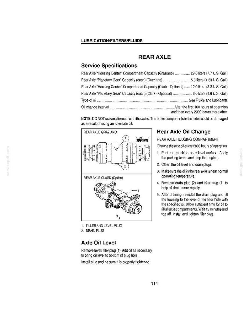 May include: A page from a service manual detailing rear axle specifications and oil change procedures. Includes diagrams of axle components, oil capacity in U.S. gallons, and instructions for maintenance.