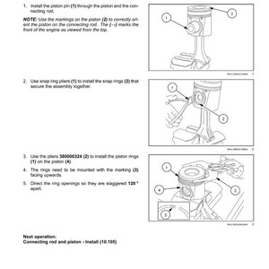 Puede incluir: Diagrama que ilustra el montaje de la biela y el pist&oacute;n de un motor. La imagen muestra los pasos, incluyendo la instalaci&oacute;n del pasador del pist&oacute;n, los anillos de seguridad y los aros del pist&oacute;n. Los componentes numerados est&aacute;n etiquetados para mayor claridad.