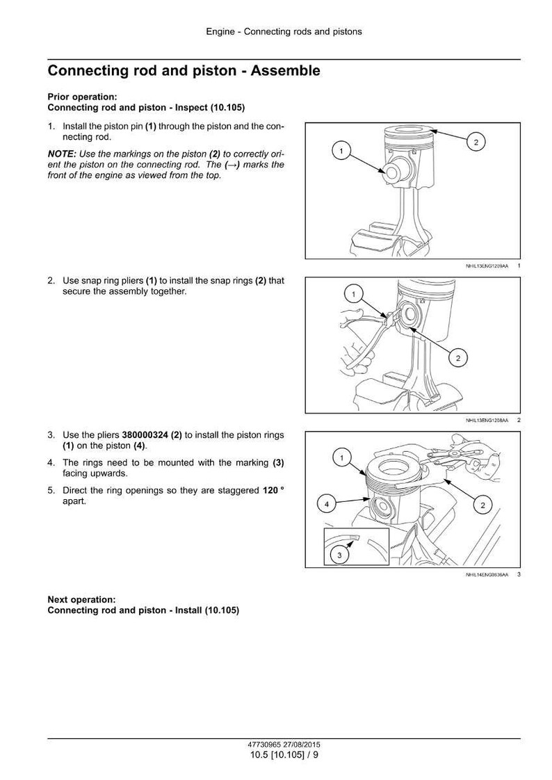 Puede incluir: Diagrama que ilustra el montaje de la biela y el pist&oacute;n de un motor. La imagen muestra los pasos, incluyendo la instalaci&oacute;n del pasador del pist&oacute;n, los anillos de seguridad y los aros del pist&oacute;n. Los componentes numerados est&aacute;n etiquetados para mayor claridad.