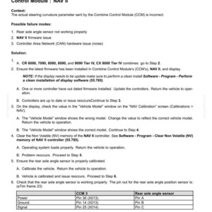 May include: A technical document detailing electrical system fault codes for a precision farming system. The document includes troubleshooting steps for the Controller Area Network (CAN) and NAV II controller, with diagrams and pin configurations.