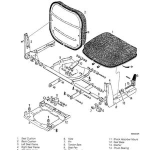 May include: An exploded diagram of a seat assembly, featuring a seat cushion, back cushion, and various mechanical components. The image includes labels for each part, such as the adjusting lever, yoke, and shock absorber. The diagram is in black and white.