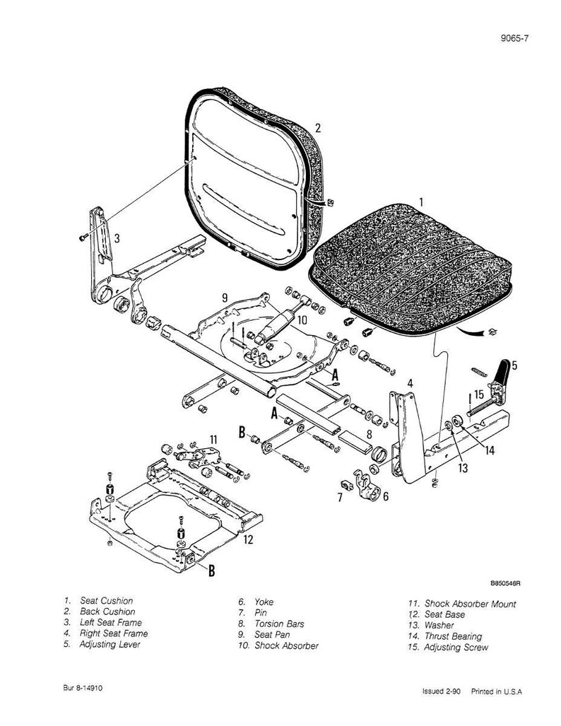 May include: An exploded diagram of a seat assembly, featuring a seat cushion, back cushion, and various mechanical components. The image includes labels for each part, such as the adjusting lever, yoke, and shock absorber. The diagram is in black and white.